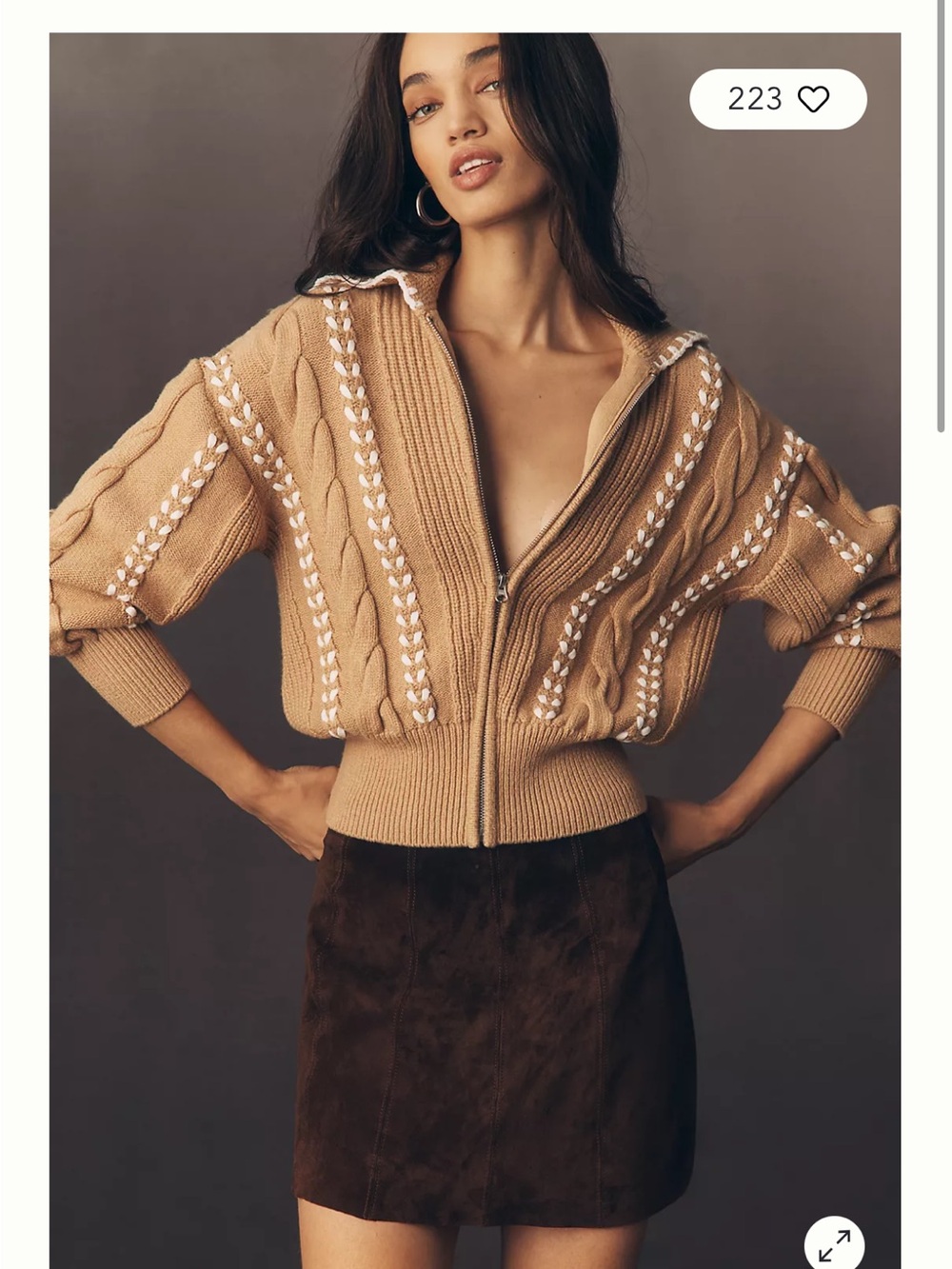 Rails Lune Whipstitch Camel Zip-Front Cable Knit Cardigan